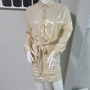 Fashion Nova Shimmering Cream Long Sleeve Dress
